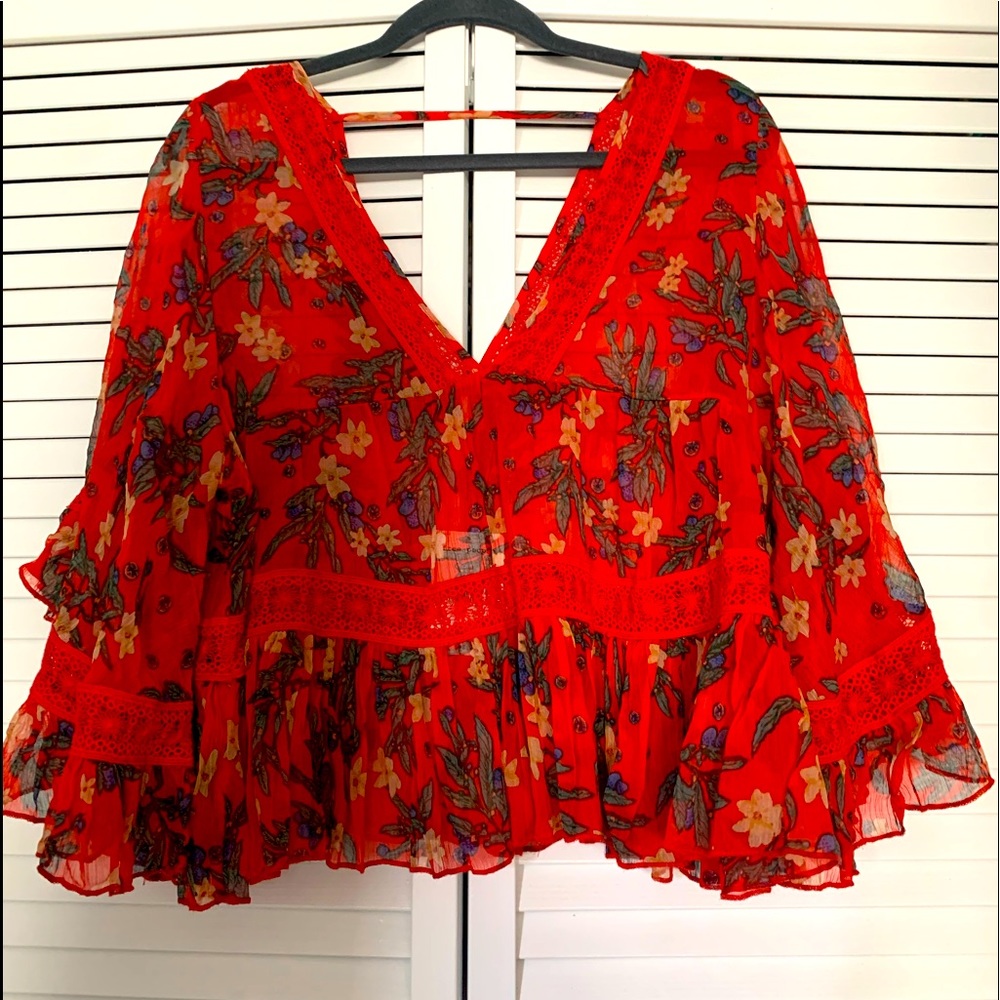 Free people sheer adorable red flowy top NWT